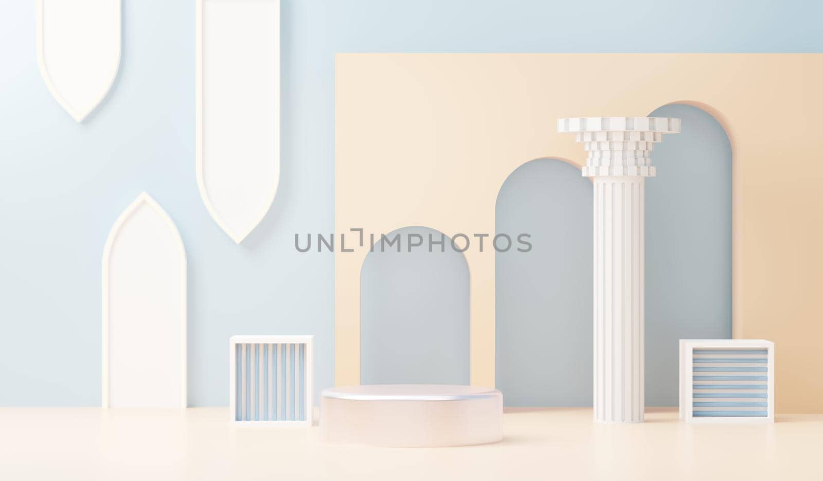 3d render abstract display podium platform for  product presentation and advertising. Minimal scene backdrop with clean design. Vacant pedestal for mock up. Empty stage with pastel color for cosmetic.