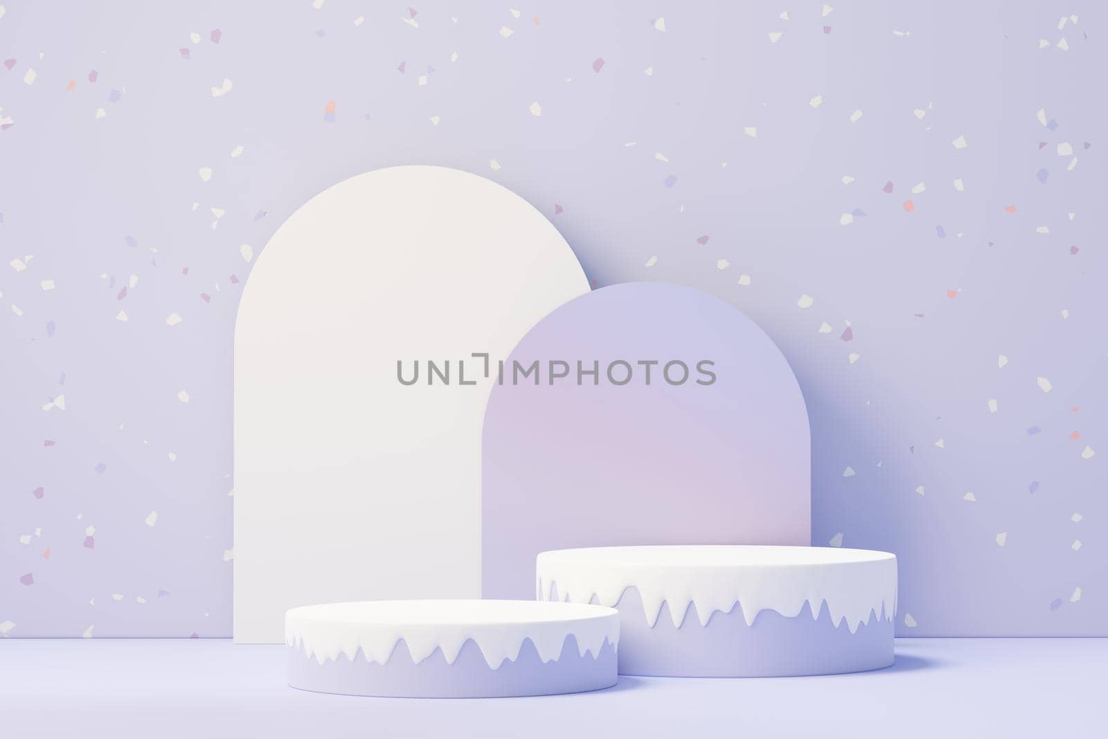 3d render of Beauty podium with Very Peri color of the year 2022 design for product presentation and advertising. Minimal pastel sky and Dreamy land scene. Romance concept.