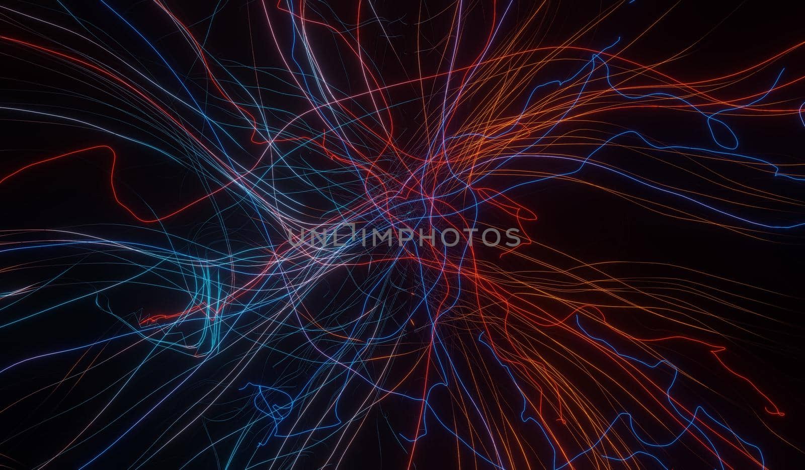 3d render of RGB neon light on darkness background. Abstract Laser lines show at night. Ultraviolet spectrum beam scene for mock up and web banner.