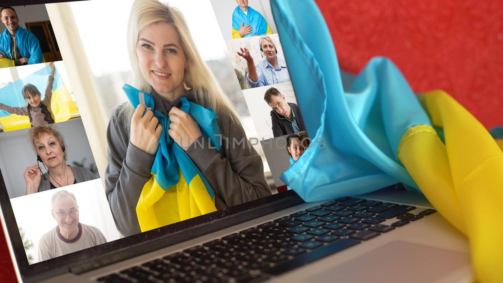 flag of ukraine, young woman teacher working with laptop sitting in classroom. Education, school college university.