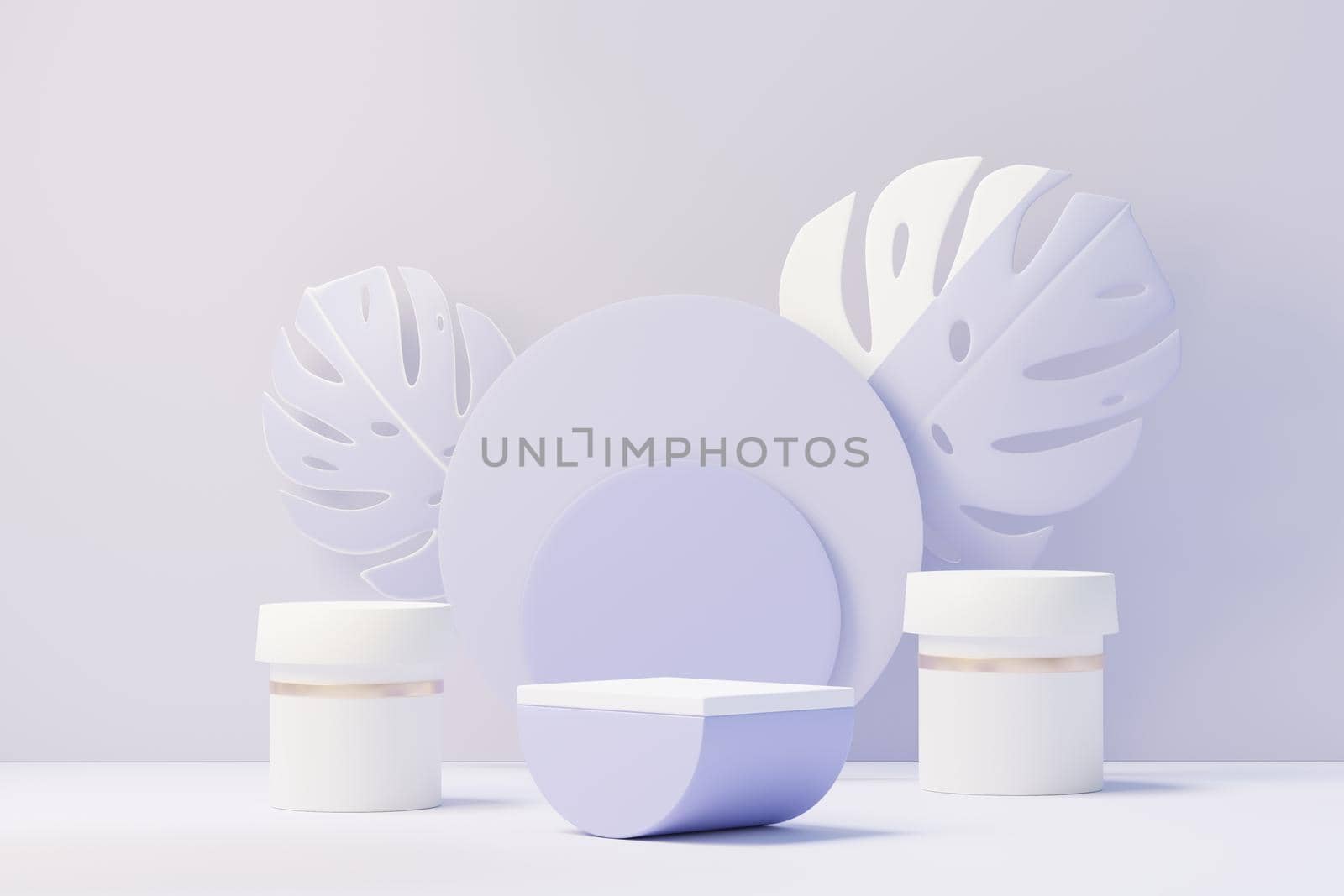 3d render of Beauty podium with Very Peri color of the year 2022 design for product presentation and advertising. Minimal pastel sky and Dreamy land scene. Romance concept.