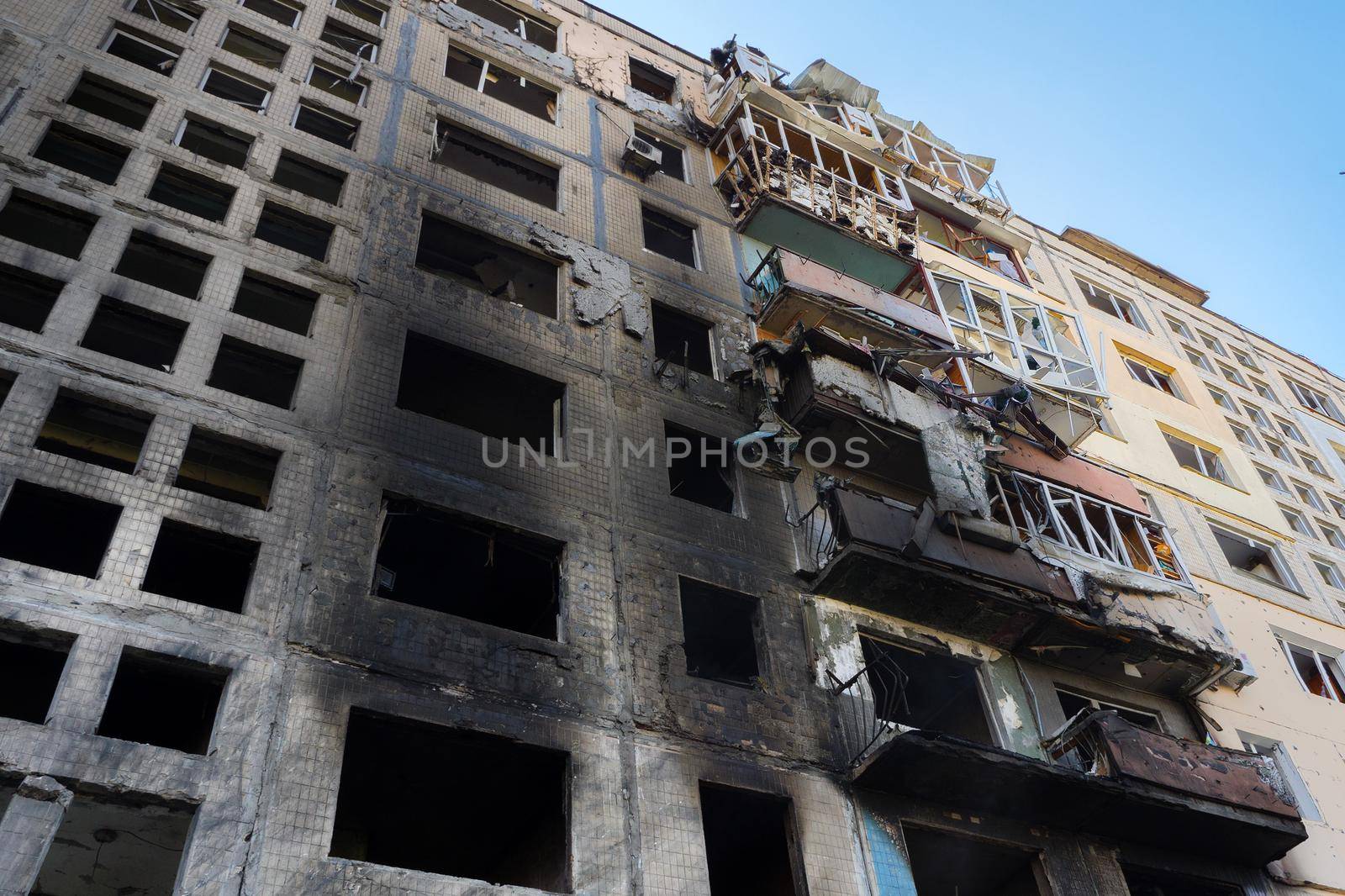 2022 Russian invasion of Ukraine bombed building destroyed Ukraine Russian fired. Rocket bomb attack Russia against Ukraine war destruction building ruins city destroyed Mariupol damaged Kyiv ruined