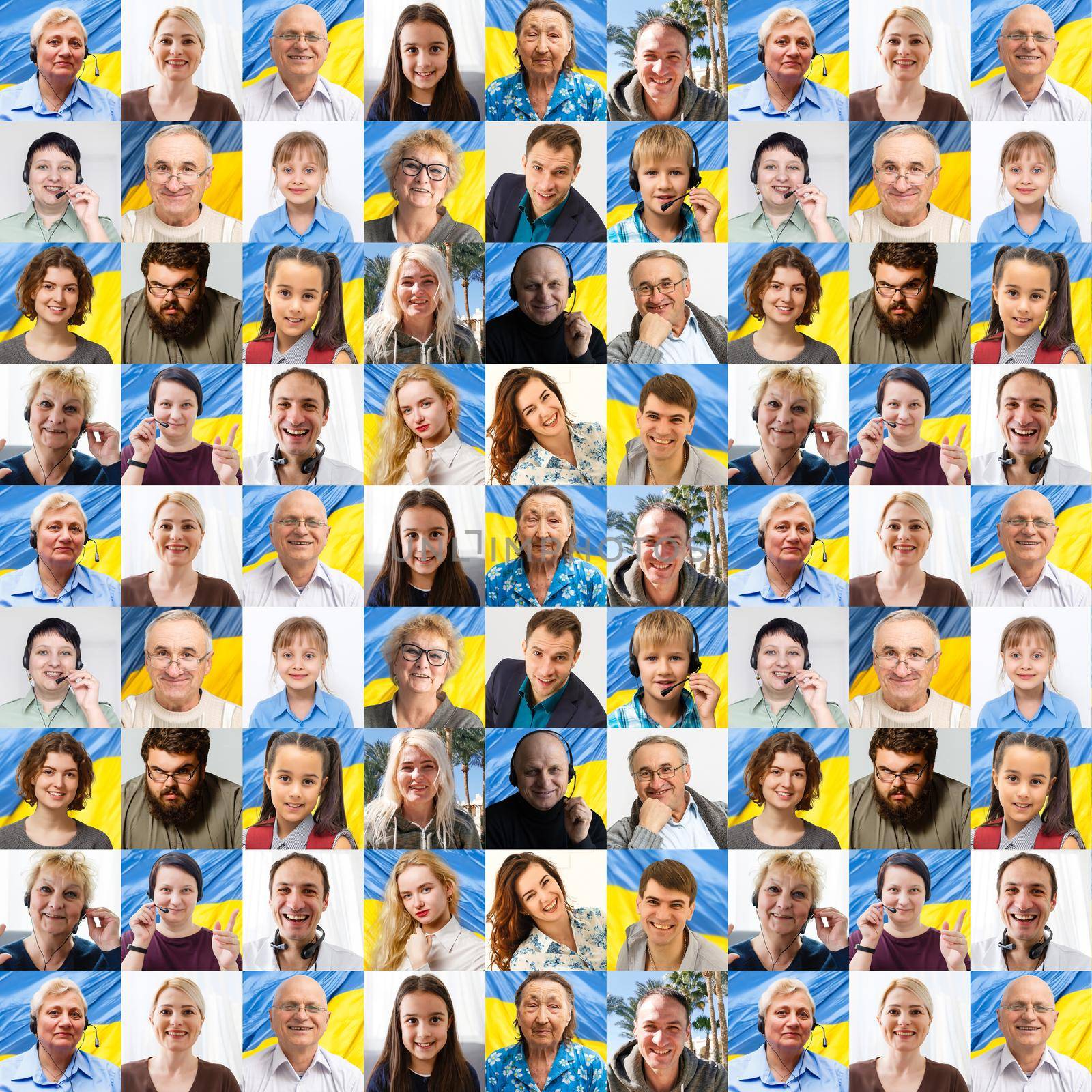 Portraits of many aged people against flag of Ukraine by Andelov13