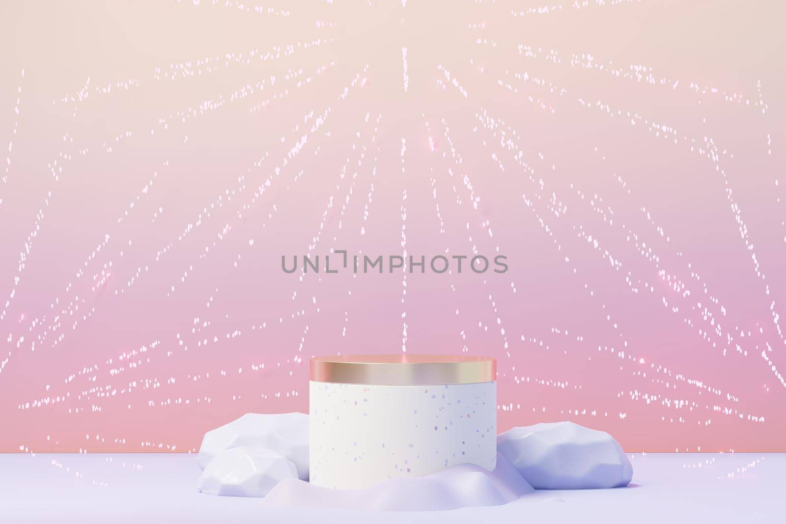 3d render of Beauty podium with Very Peri color of the year 2022 design for product presentation and advertising. Minimal pastel sky and Dreamy land scene. Romance concept.