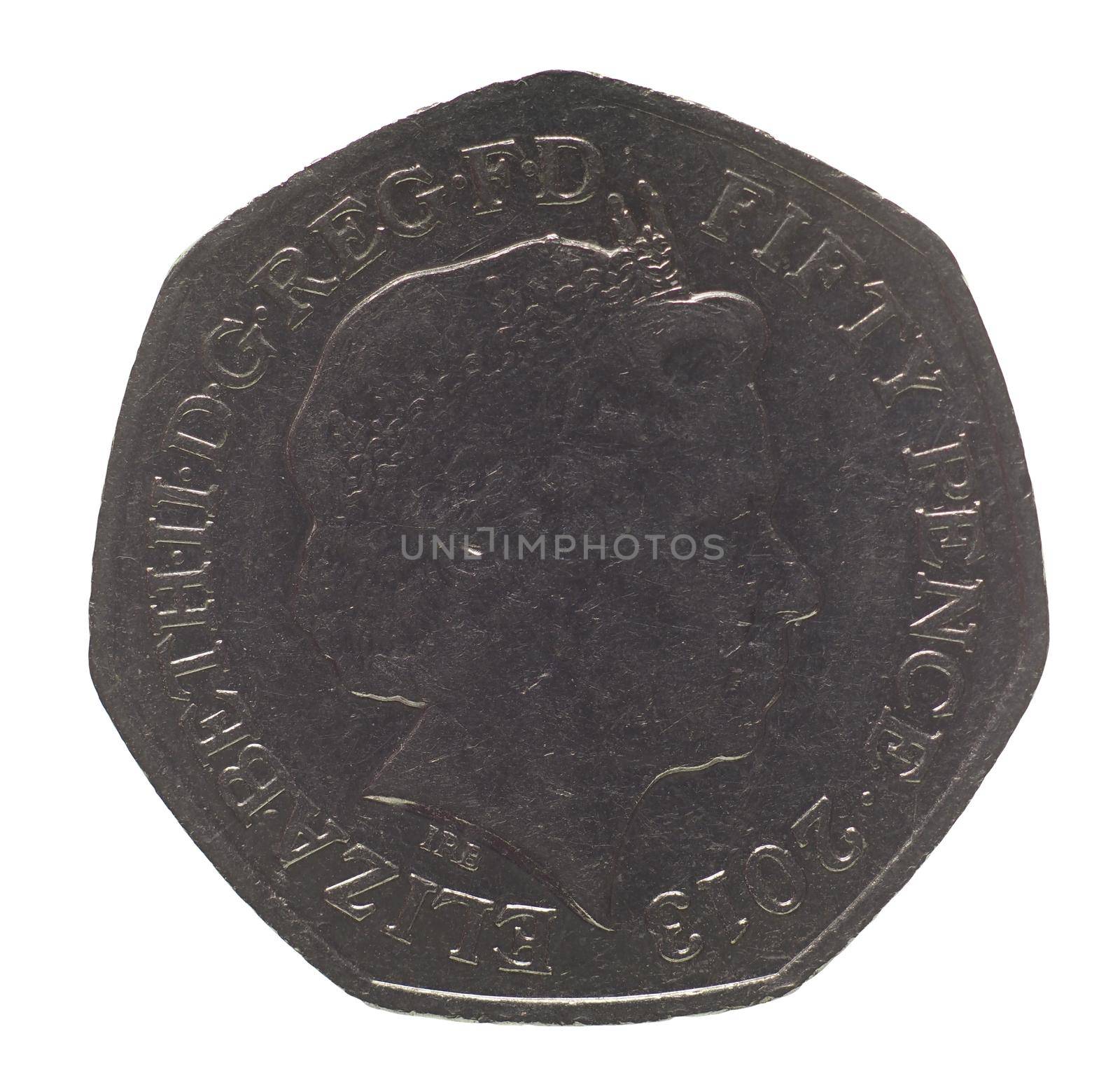 LONDON, UK - CIRCA MARCH 2022: twenty pence coin obverse side showing a portrait of the Queen Elizabeth II, currency of the United Kingdom isolated over white background