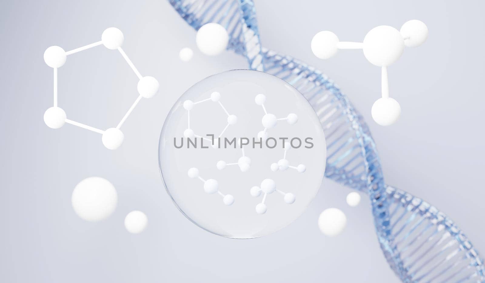 3d render of simple chemical bond in side cell or molecules. The associated of atoms, ions, bond and molecules. Liquid drop bubble background. Covalent bond. Biochemical interaction.