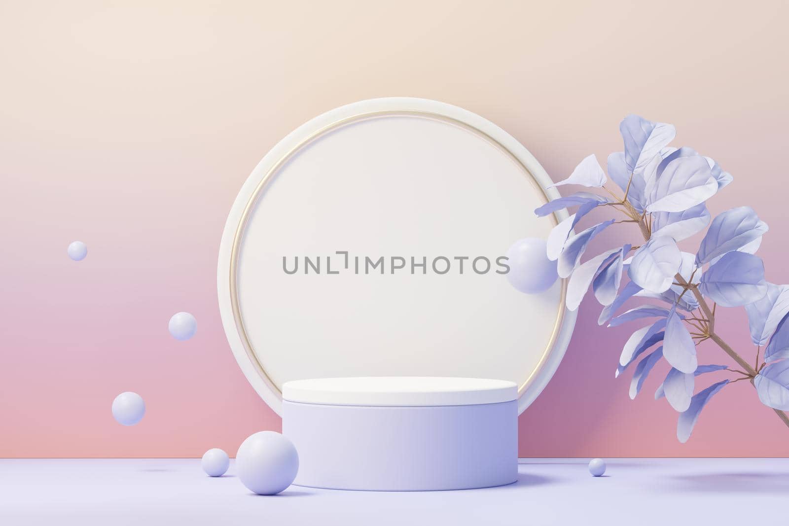 3d render of Beauty podium with Very Peri color of the year 2022 design for product presentation and advertising. Minimal pastel sky and Dreamy land scene. Romance concept.