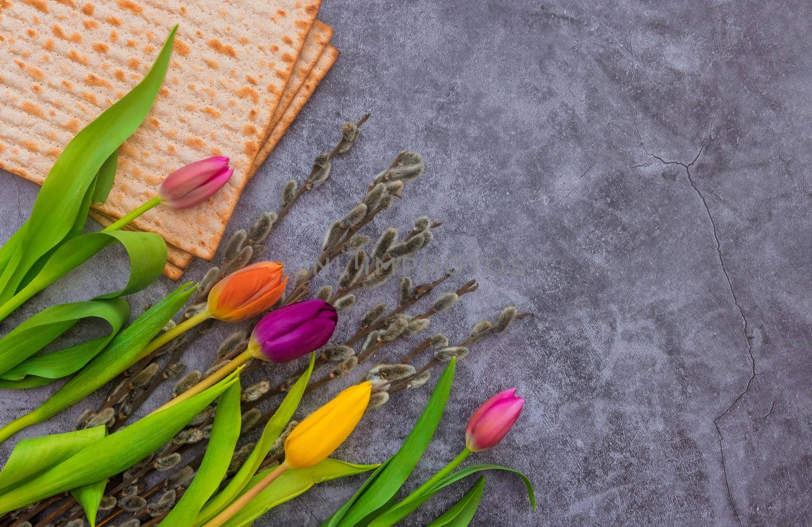 Blessings Pesach Jewish traditional holiday on Passover celebration of flowers and matzah bread the ceremony ritual