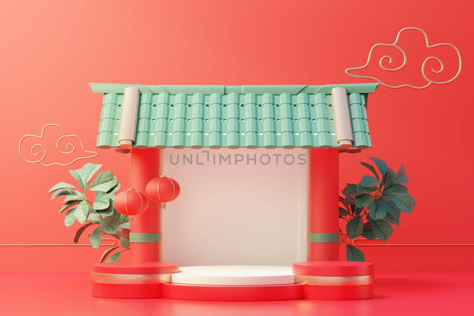 3d rendering of minimal scene of blank podium with Chinese lunar new year theme. Display stand for product presentation mock up. Cylinder stage in Chinese traditional texture with simple design.