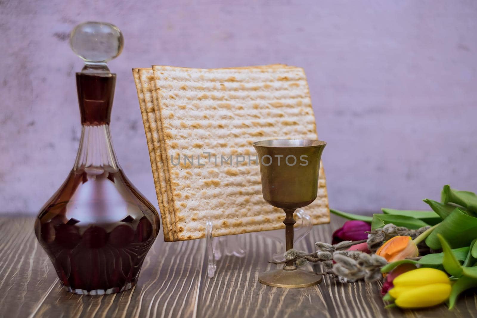 Blessings Pesach Jewish traditional holiday on Passover celebration of kosher wine cup and matzah bread the ceremony ritual