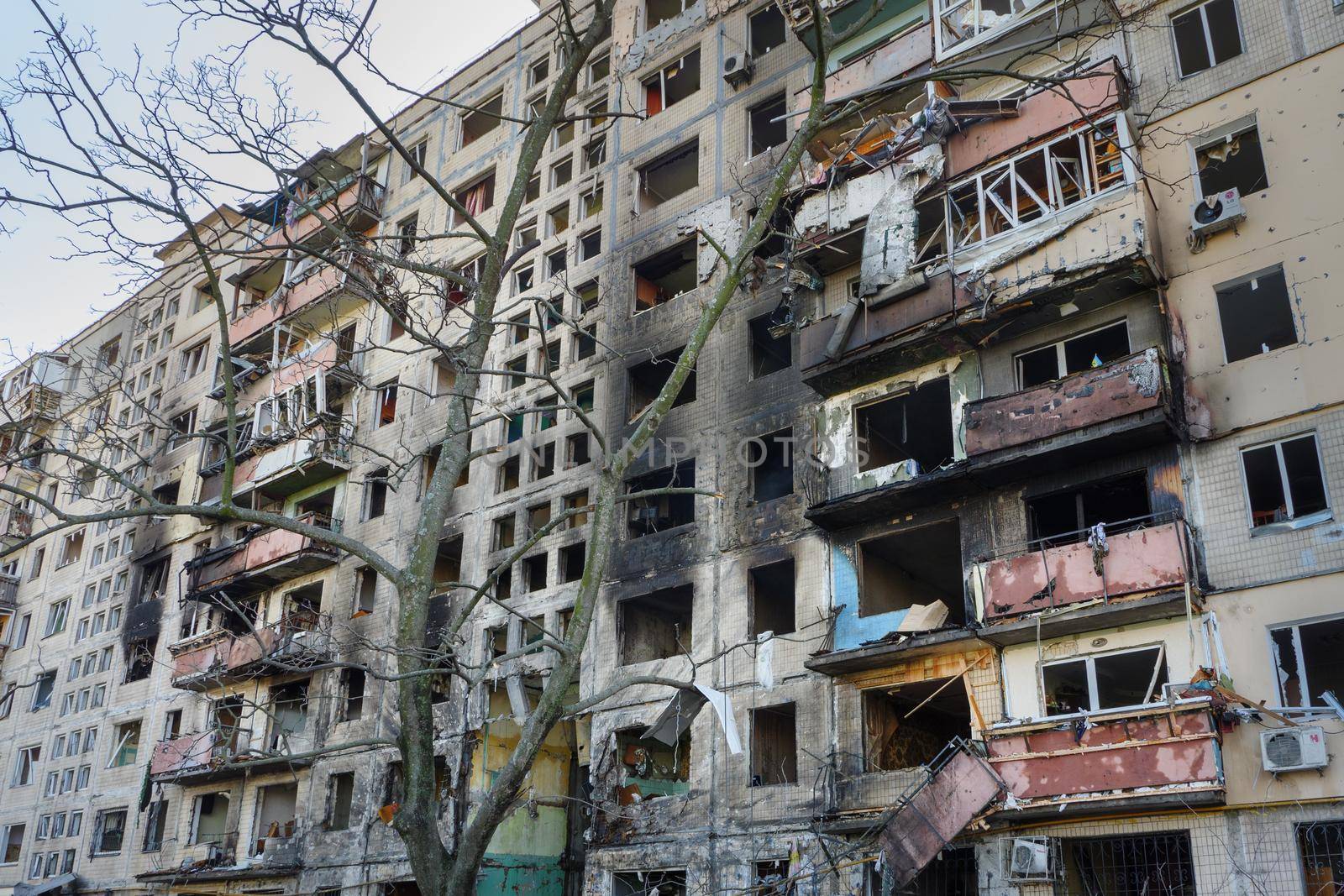 2022 Russian invasion of Ukraine bombed building destroyed Ukraine Russian aggression. Rocket bomb attack Russia against Ukraine war destruction building ruins Kyiv destroyed Mariupol damaged Kharkiv by synel