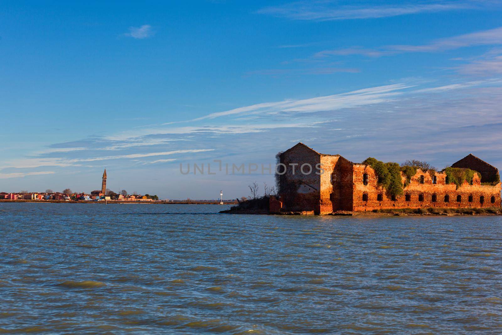 View of Madonna del Monte building. Old brick ruins in Venetian Lagoon near Burano and Torcello island, Venice, Italy