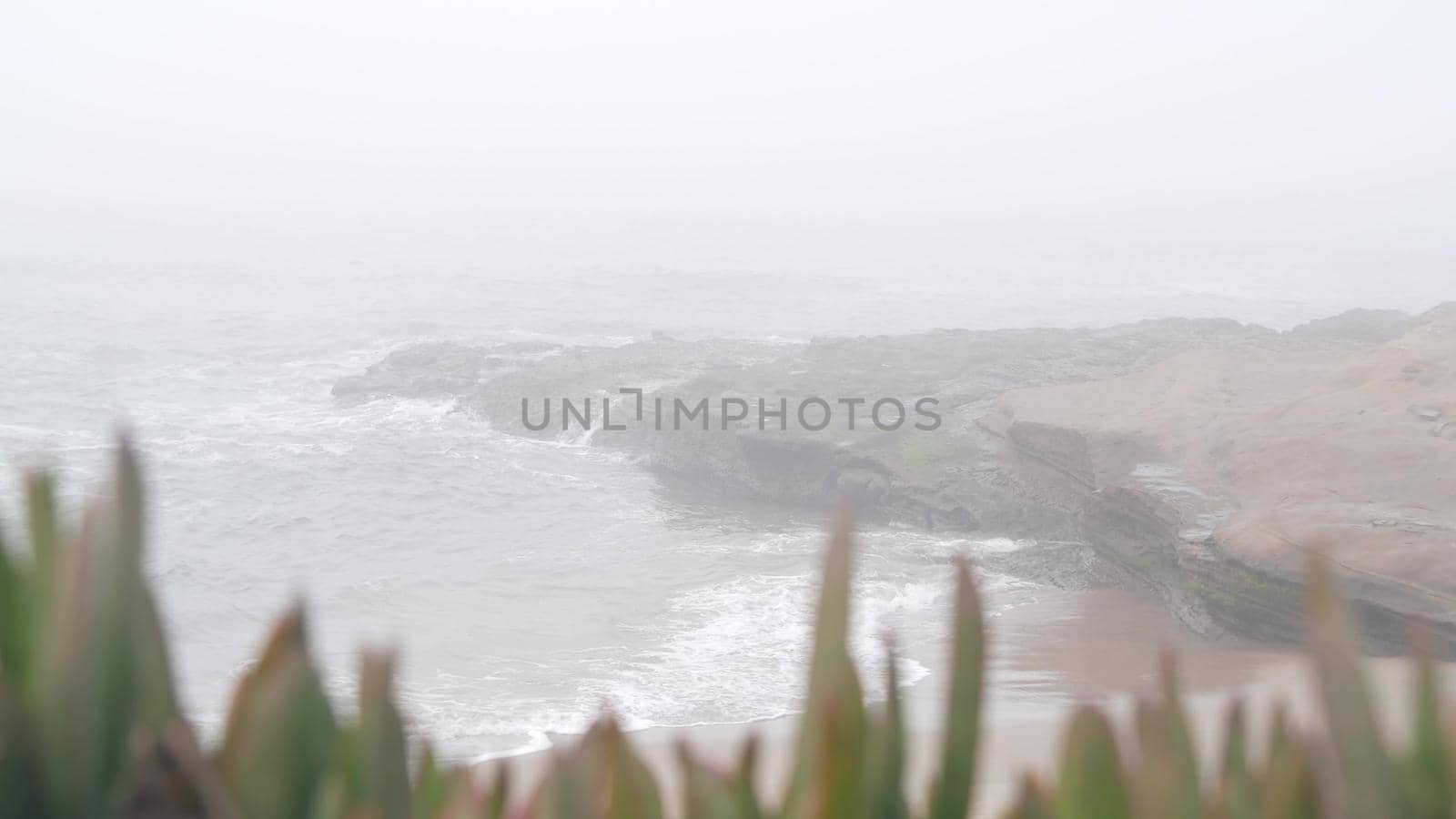 Foggy sea landscape, waves crashing on ocean beach in haze, misty weather. Calm tranquil moody atmosphere, grey seascape, gloomy dramatic California coast, stormy water. Seamless looped cinemagraph.