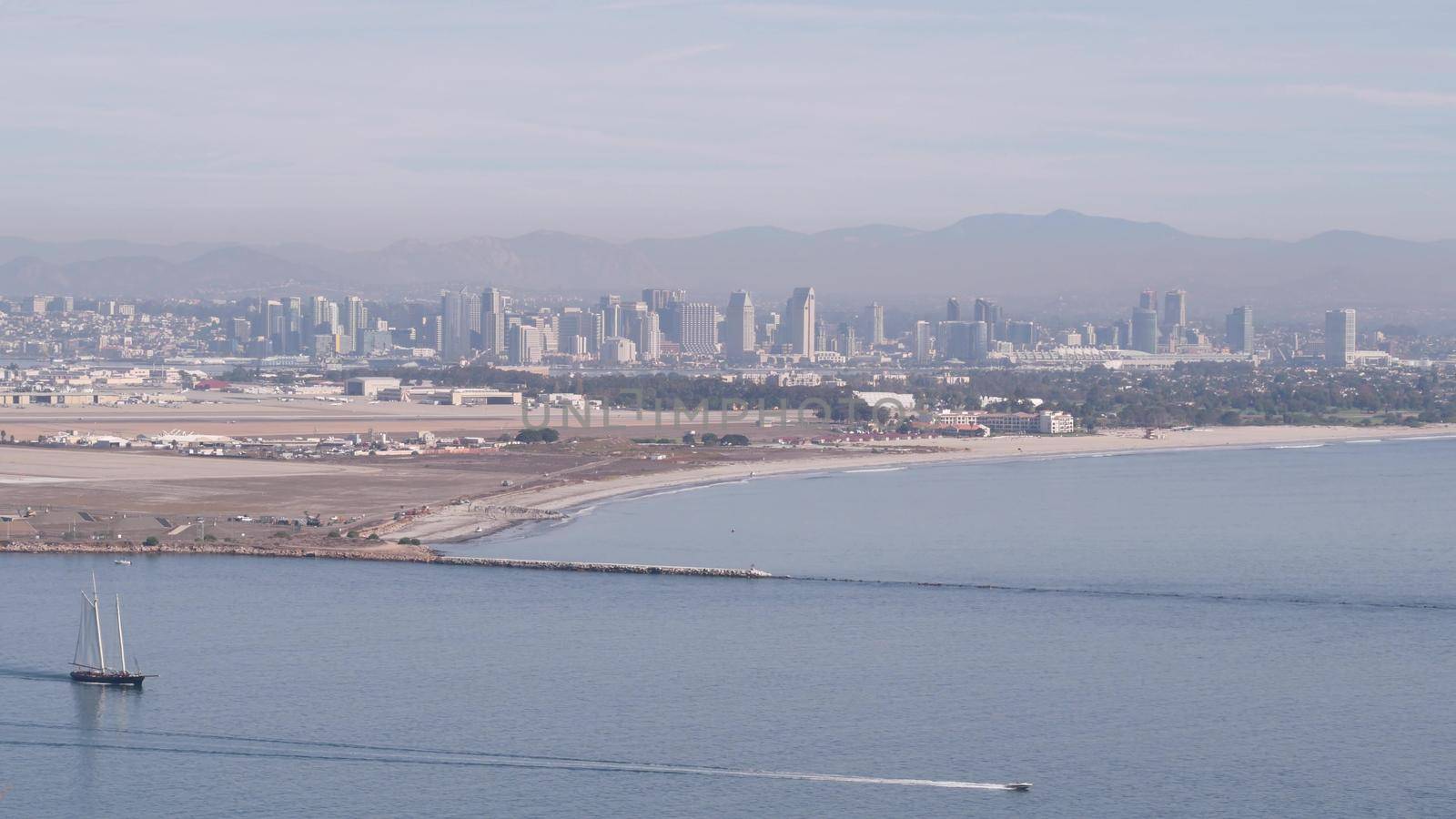 San Diego city skyline, cityscape of downtown, California, Point Loma. Frigate. by DogoraSun