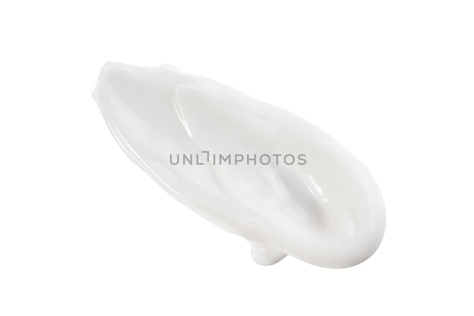 White lotion texture. Cosmetic cream product swatch isolated on white. Facial treatment. Close up, macro, top view