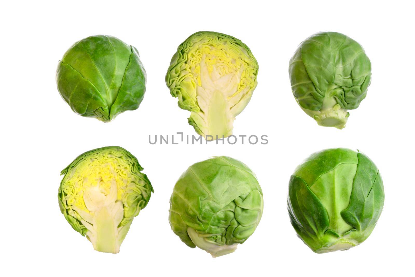 Set of brussels sprouts isolated. Small cabbage, green vegetable. Top view. Organic raw vegan healthy food. Farm market. Brassica oleracea