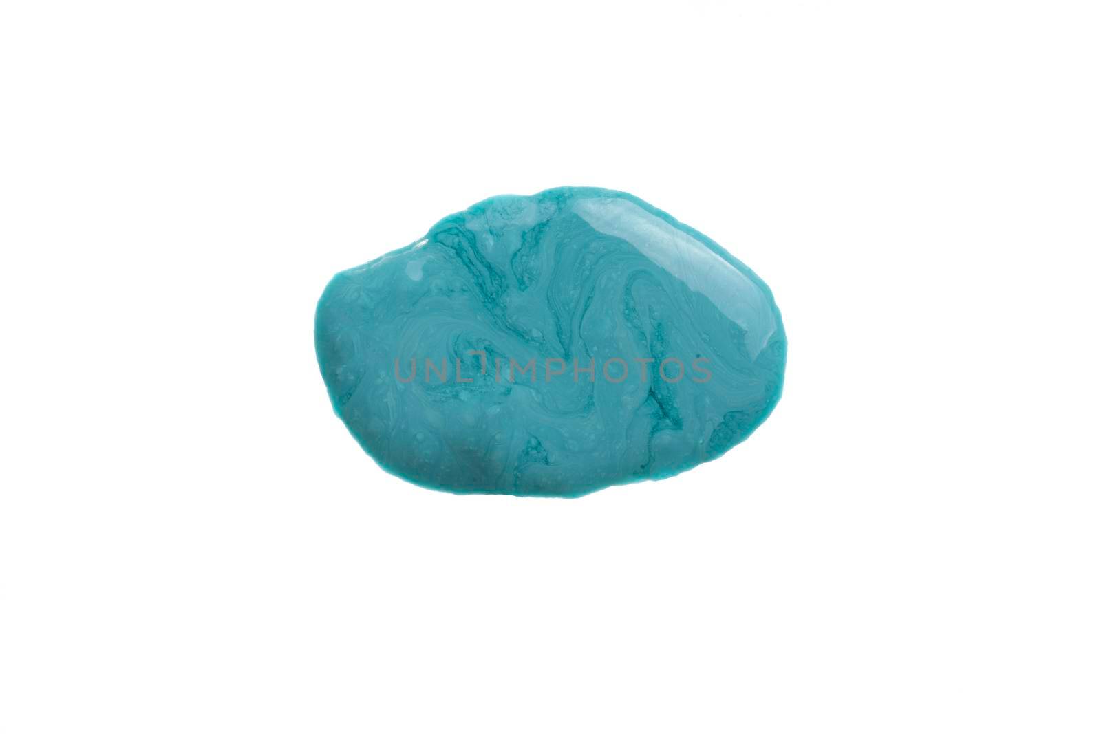 Blot of nail polish isolated on white. Leaking metallic blue nailpolish. Woman cosmetic fashion product sample smear smudge. Nail varnish swatch. Makeup cosmetic spread. Squiggly sparkly enamel.