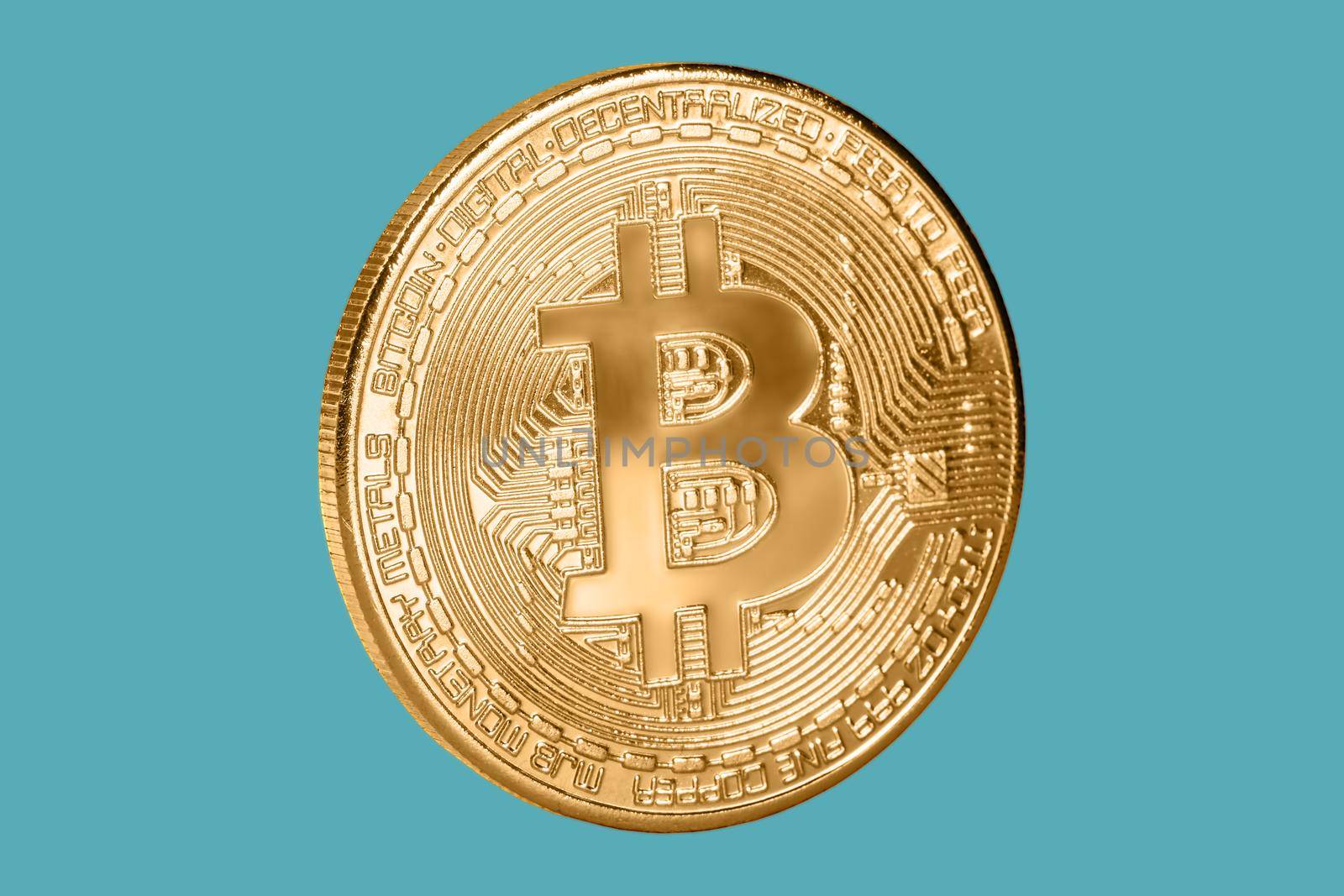 Bitcoin coin isolated on blue background. Cryptocurrency, virtual money. Blockchain technology, bitcoin mining concept