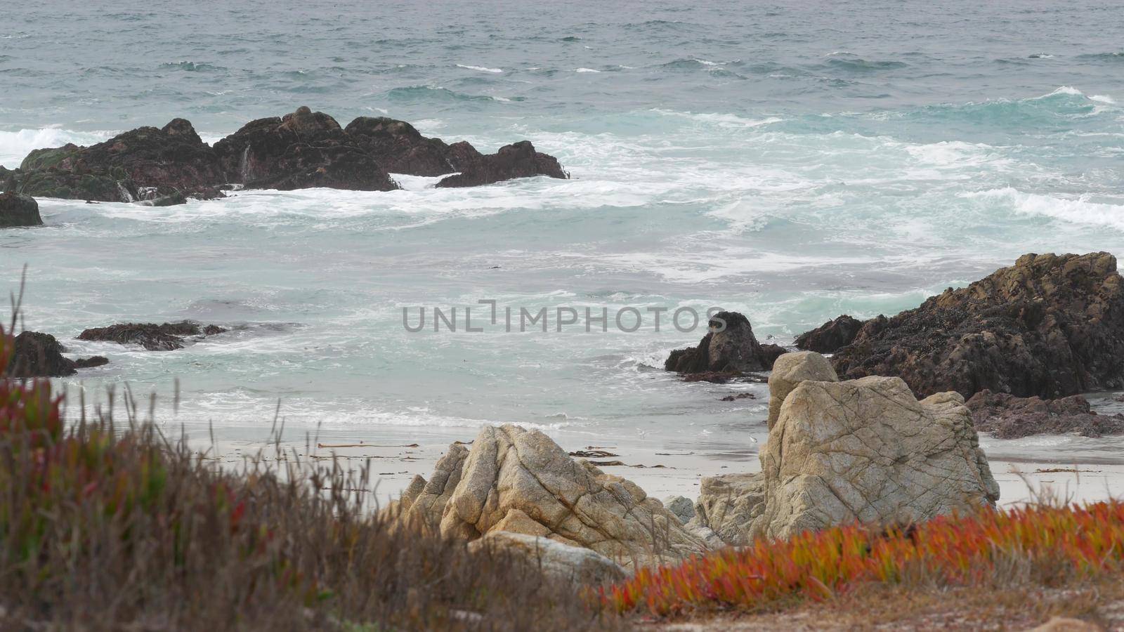17-mile drive, Monterey, California USA. Rocky craggy ocean, sea water waves crashing. Pacific coast highway, nature near Point Lobos, Big Sur, Pebble beach. Seamless looped cinemagraph live wallpaper