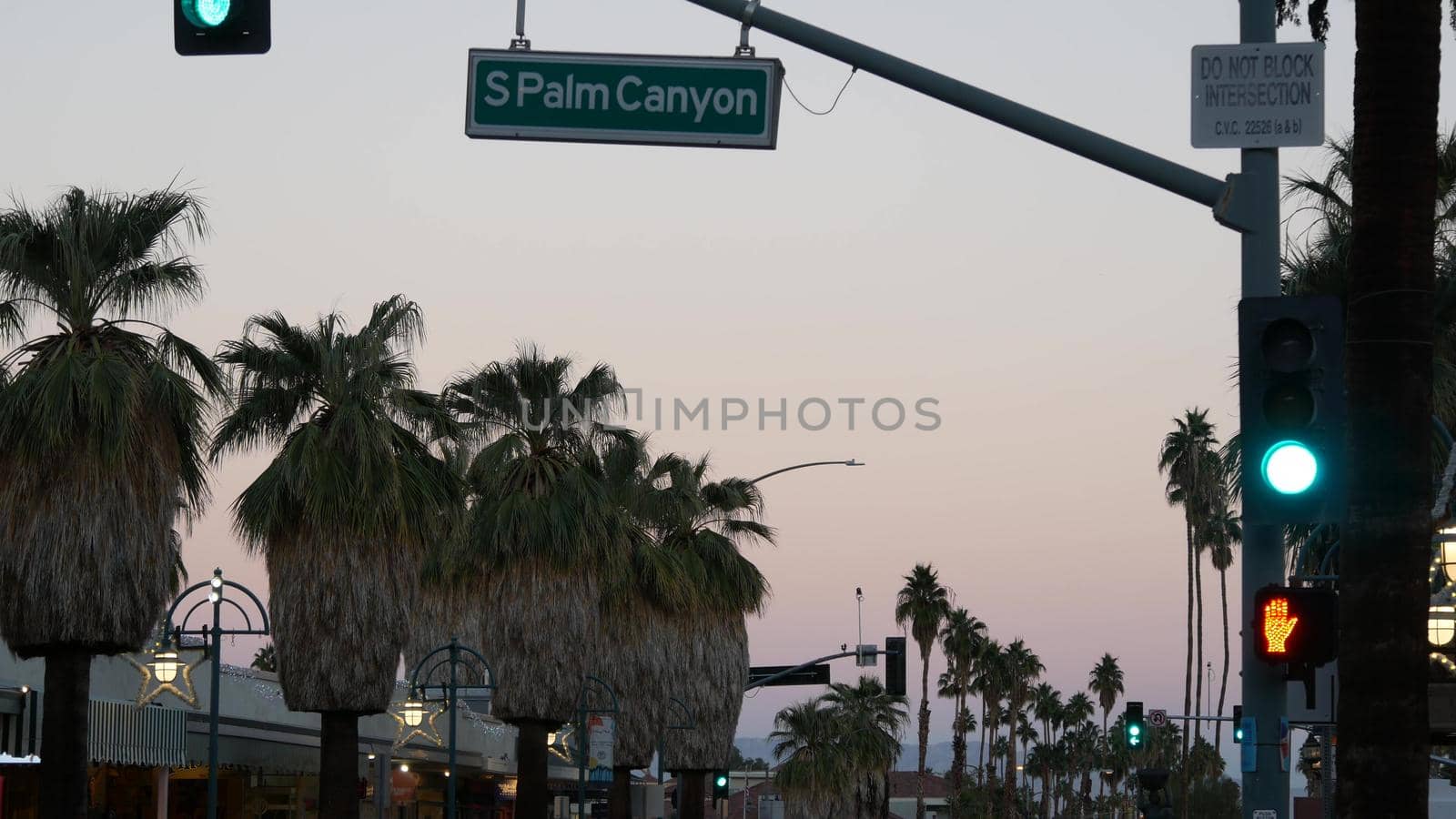 Palm trees in city near Los Angeles, street road sign, semaphore traffic lights. by DogoraSun