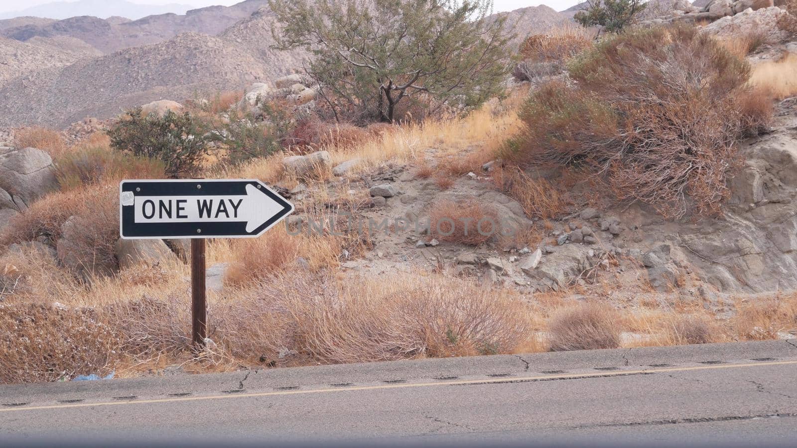 One way road sign arrow, highway roadside in California, USA road trip in desert by DogoraSun