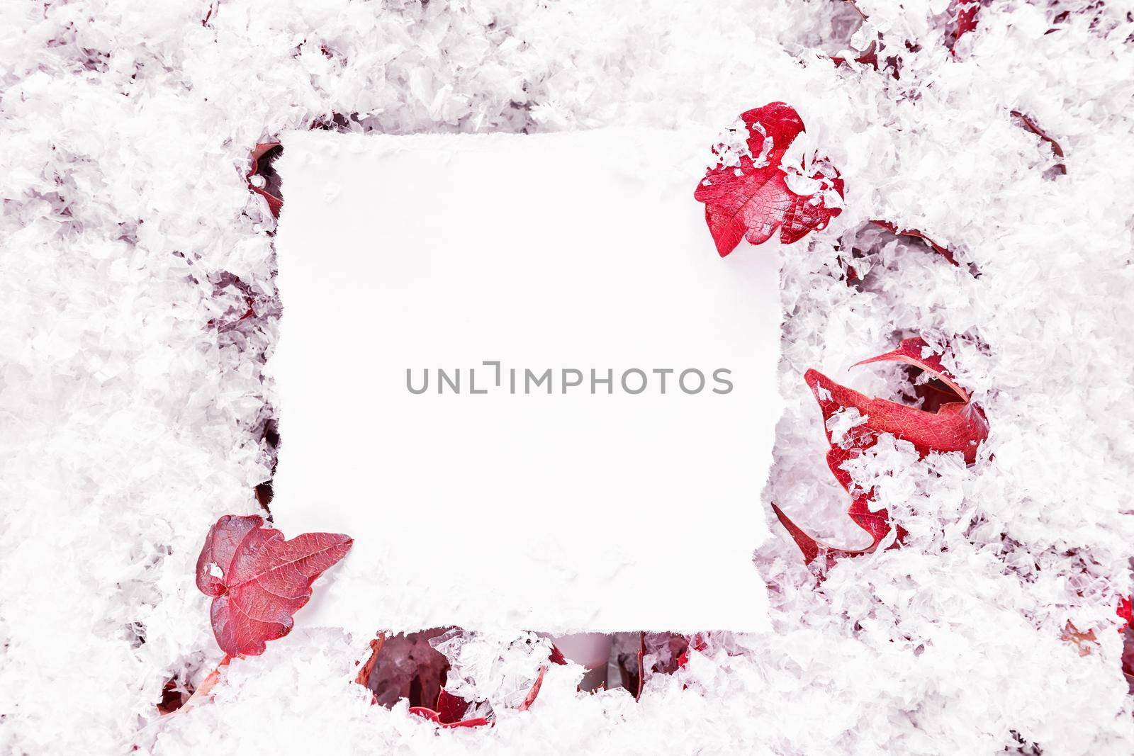 Autumn or winter frame composition with ripped sheet of paper mockup. Creative layout with poster, red leaves and snow. Minimal nature seasonal concept. Flat lay, top view, copy space.