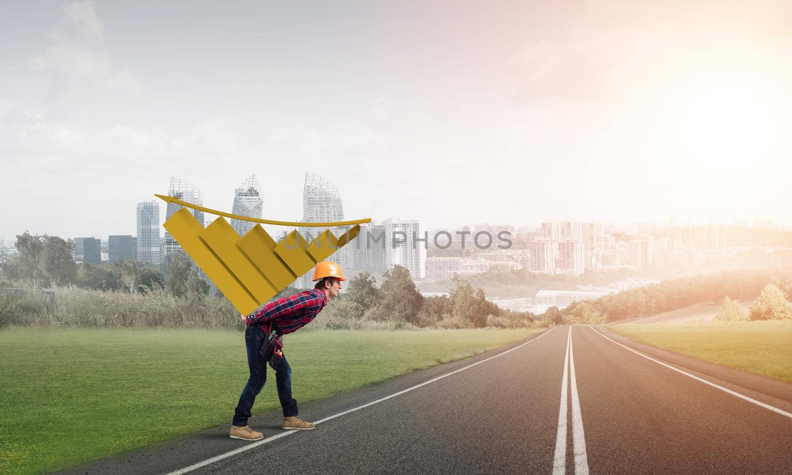 Young man builder carrying growing graph on his back