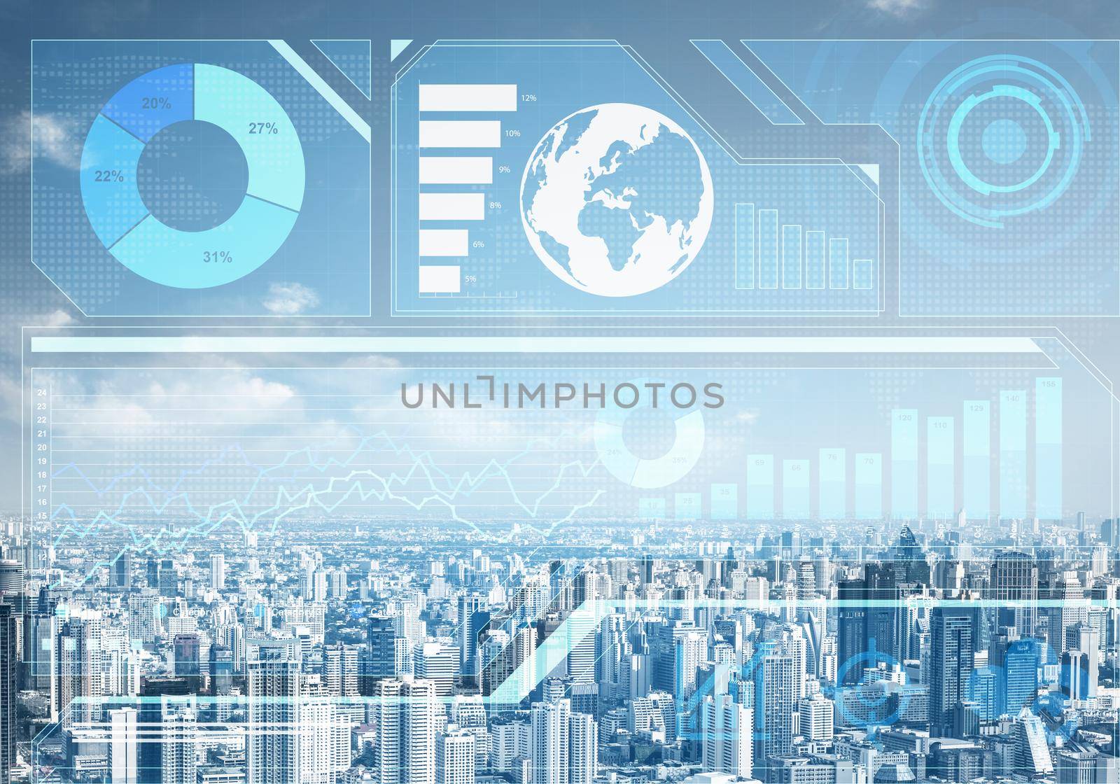 Double exposure business concept with abstract stock market data on background of modern cityscape. Virtual interface of online trading platform. Digital economic indexes, analytics and statistics.