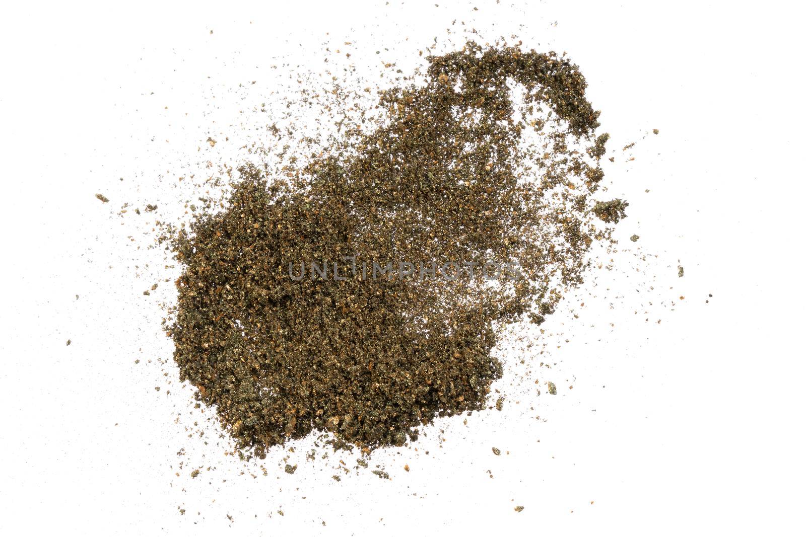 Smashed eyeshadow makeup palette isolated on white background. Beauty make up cosmetics texture swatch, smudge trace sample. Closeup of makeup product. Dry powder, eye shadows brush strokes. Macro