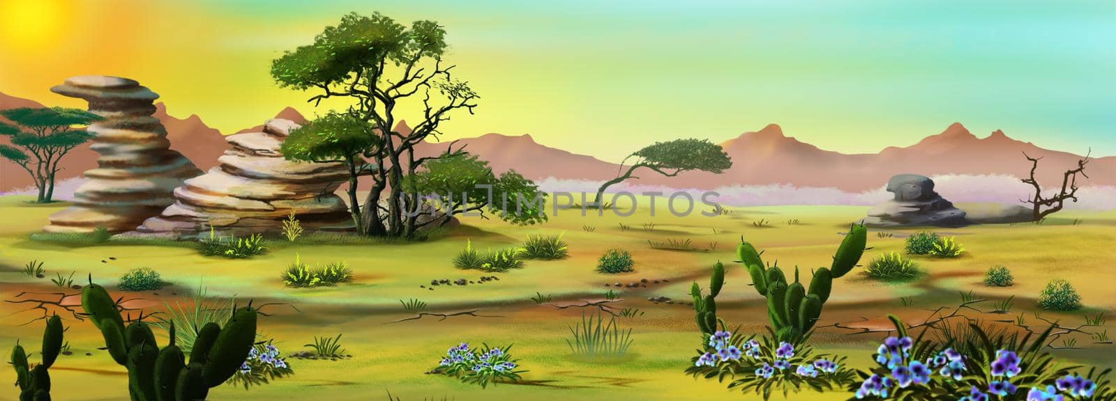 Desert landscape of the African savannah in the early morning. Digital Painting Background, Illustration.