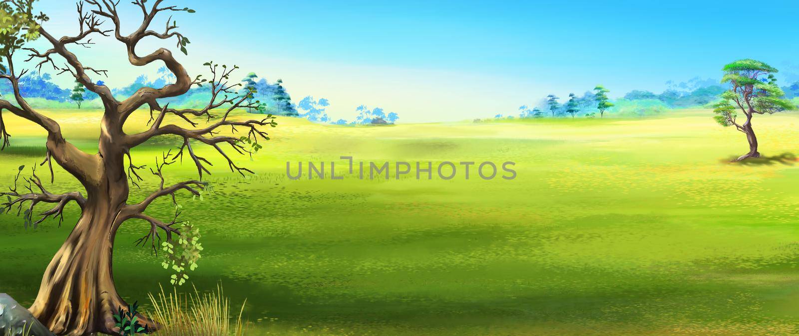 Big tree on the background of the steppe landscape. Digital Painting Background, Illustration.