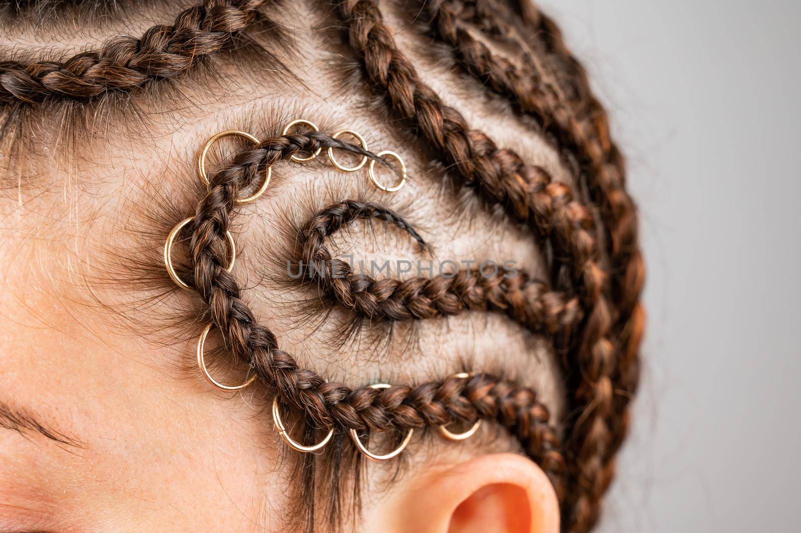 Close-up of braids on the head of a caucasian woman