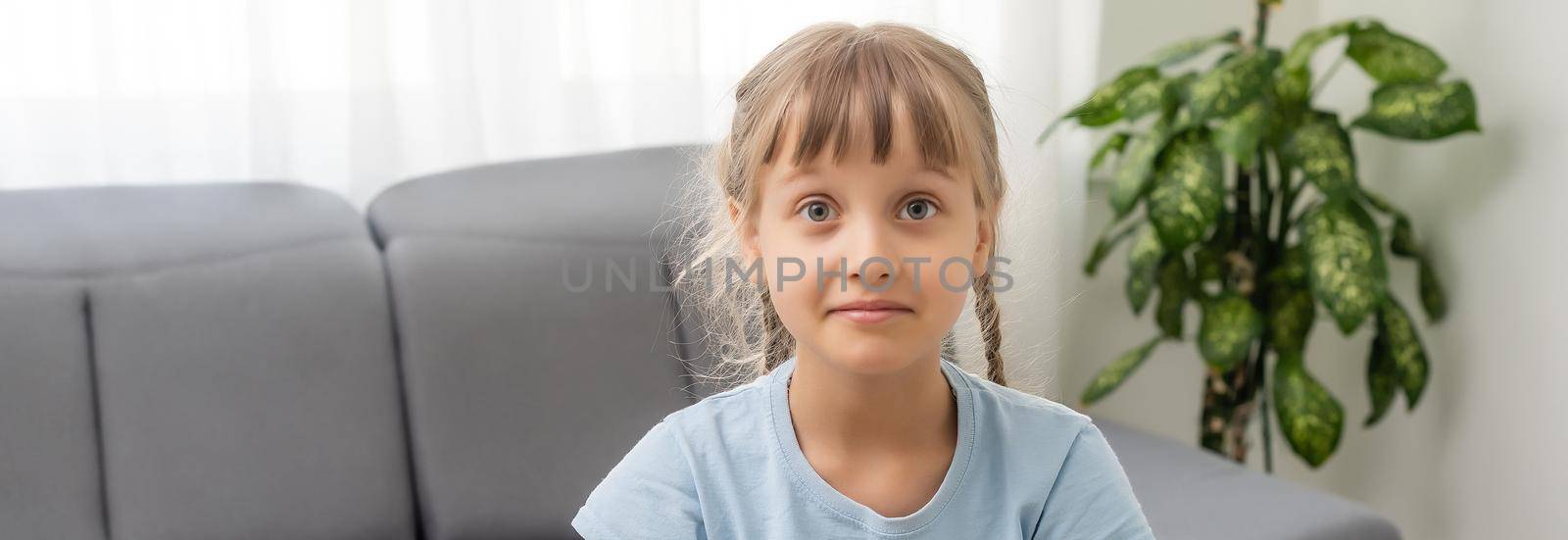 Adorable cute little vlogger looking at webcam, smiling child girl talking to camera making video call vlog communicating online sitting on couch at home, happy preschool kid headshot portrait. by Andelov13