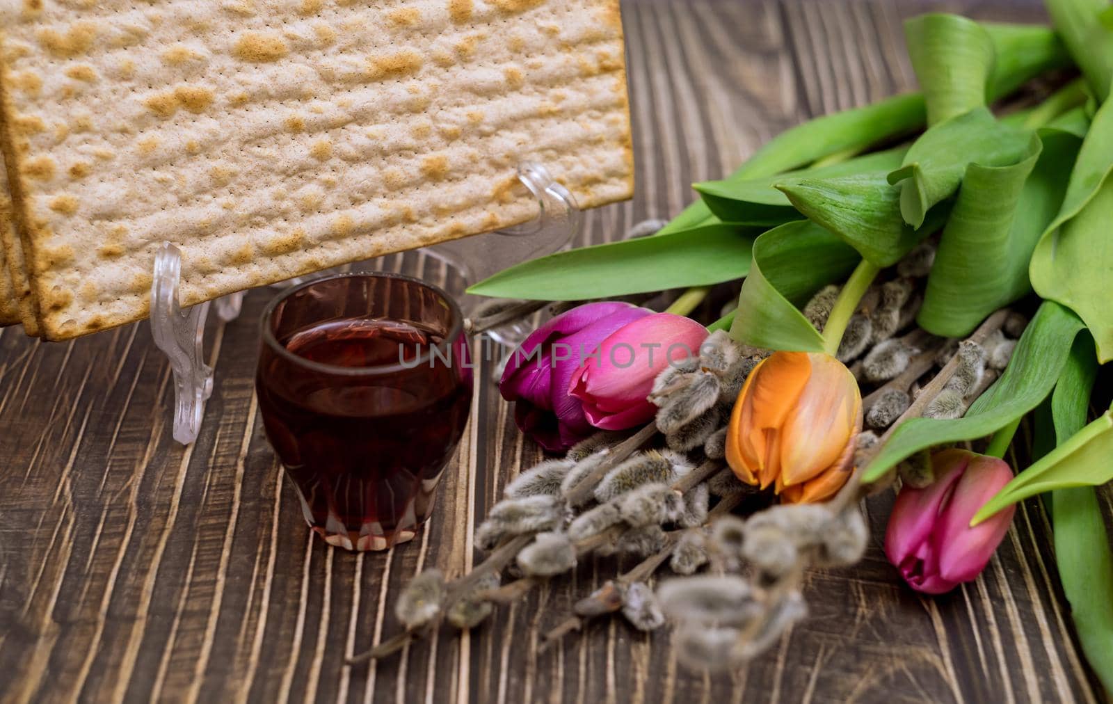 Passover celebration Jewish traditional holiday of kosher wine and matzah bread on Pesach for the ceremony ritual blessings