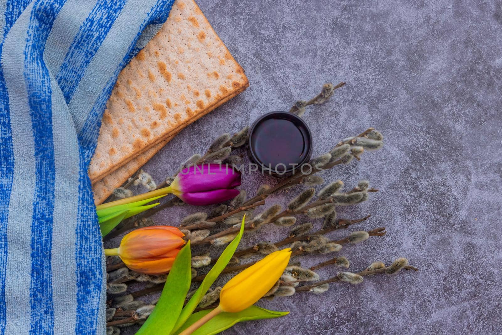 Traditional Pesach celebration Jewish holiday of kosher wine and matzah bread for the ceremony ritual blessings on Passover