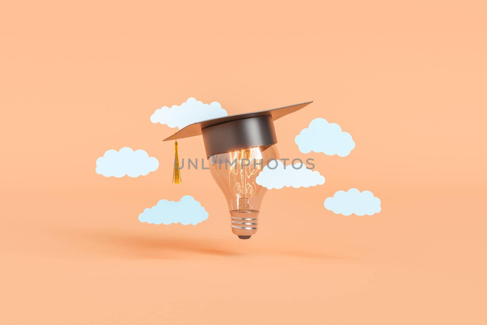 3d Illustration of luminous light bulb in graduation cap among clouds for concept of imagination and studying in university on beige background