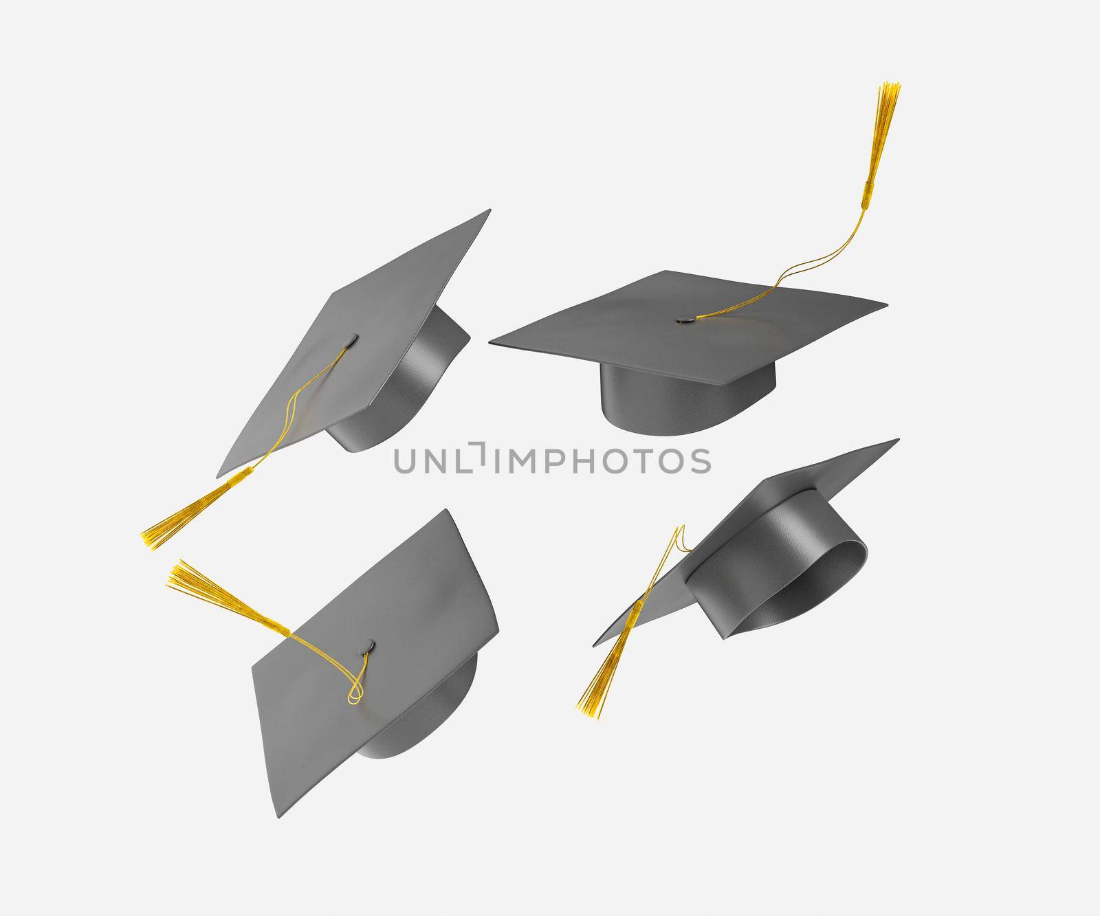 3d illustration of thrown graduation hats during celebration of conferring academic degree or diploma on white background