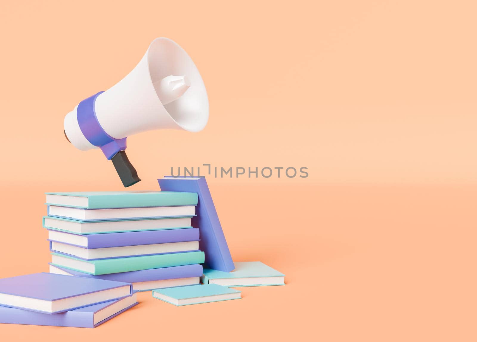 3d illustration with stack of books and loudspeaker by asolano