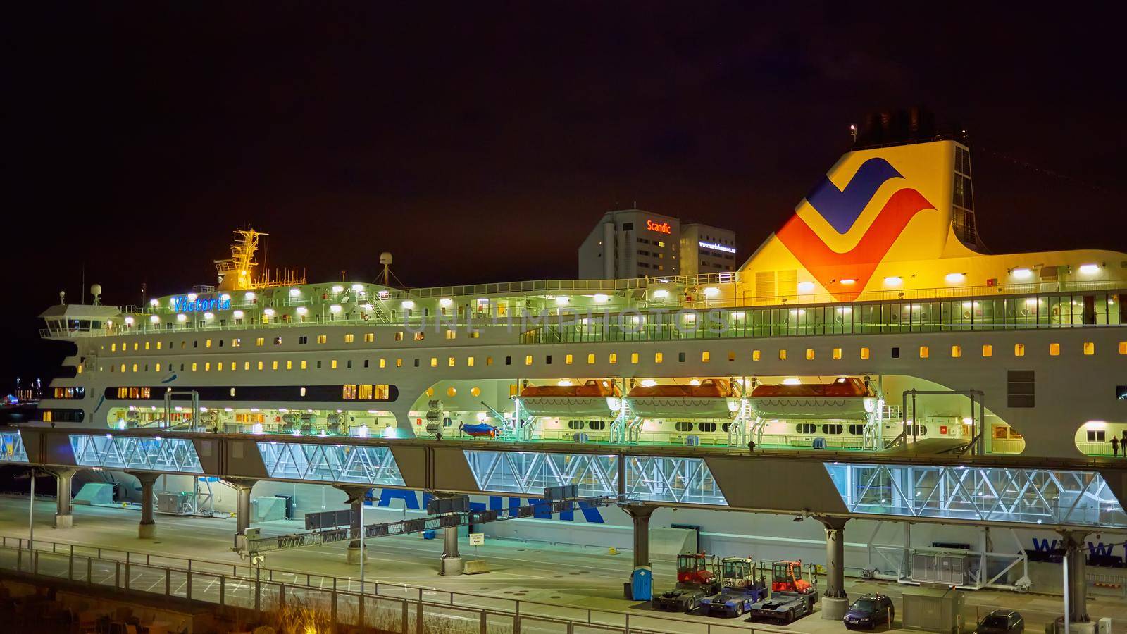 Stockholm, Sweden - November 3, 2018: The Tallink ship Viktoria I in Vartahamnen port in Stockholm, the capital of Sweden. Waiting for departure to Tallin