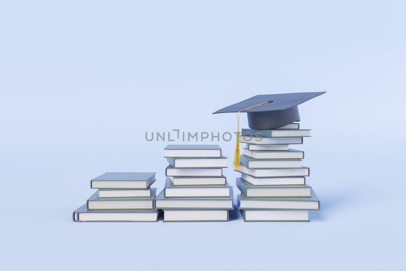 3d illustration representing concept of education with stacks of books showing learning and development process leading to graduation on light blue background