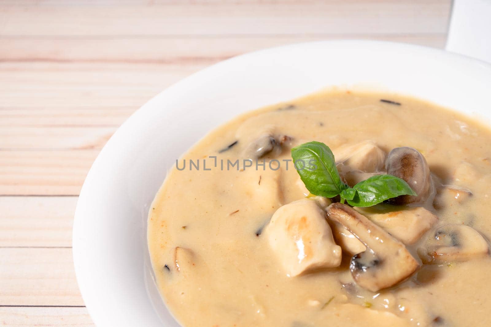 A Homemade cream of chicken and mushroom soup or French style chicken fricassee, in a white soup bowl on a wooden table. High view. Close-up