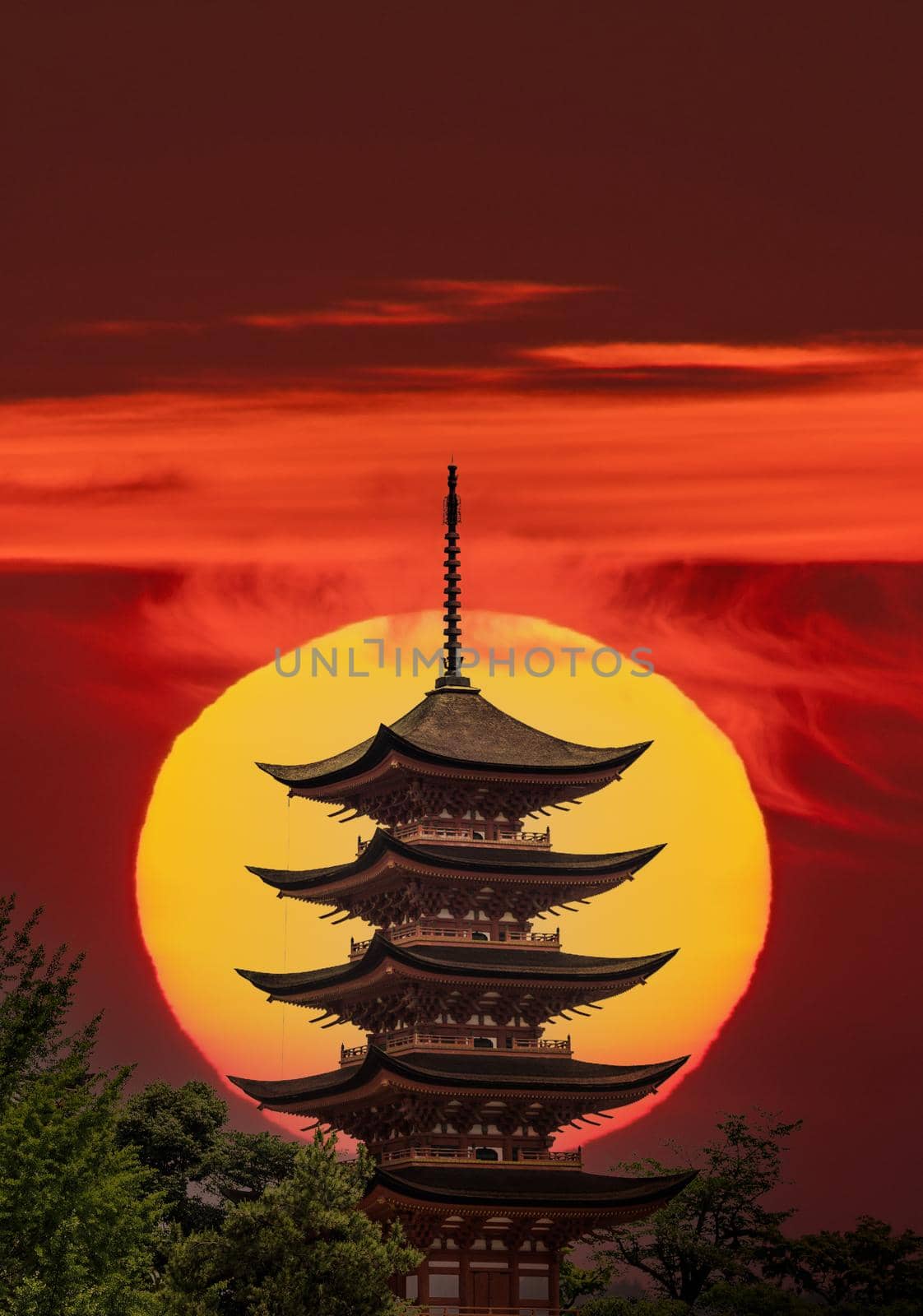 Composition of Japanese pagoda and huge sun by FerradalFCG