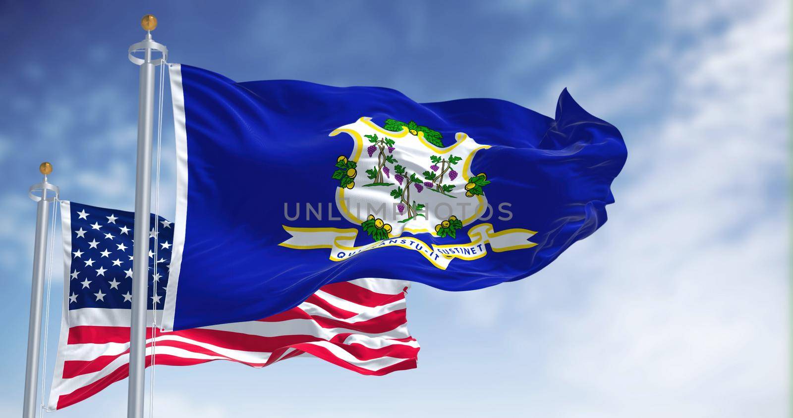 The Connecticut state flag waving along with the national flag of the United States of America by rarrarorro