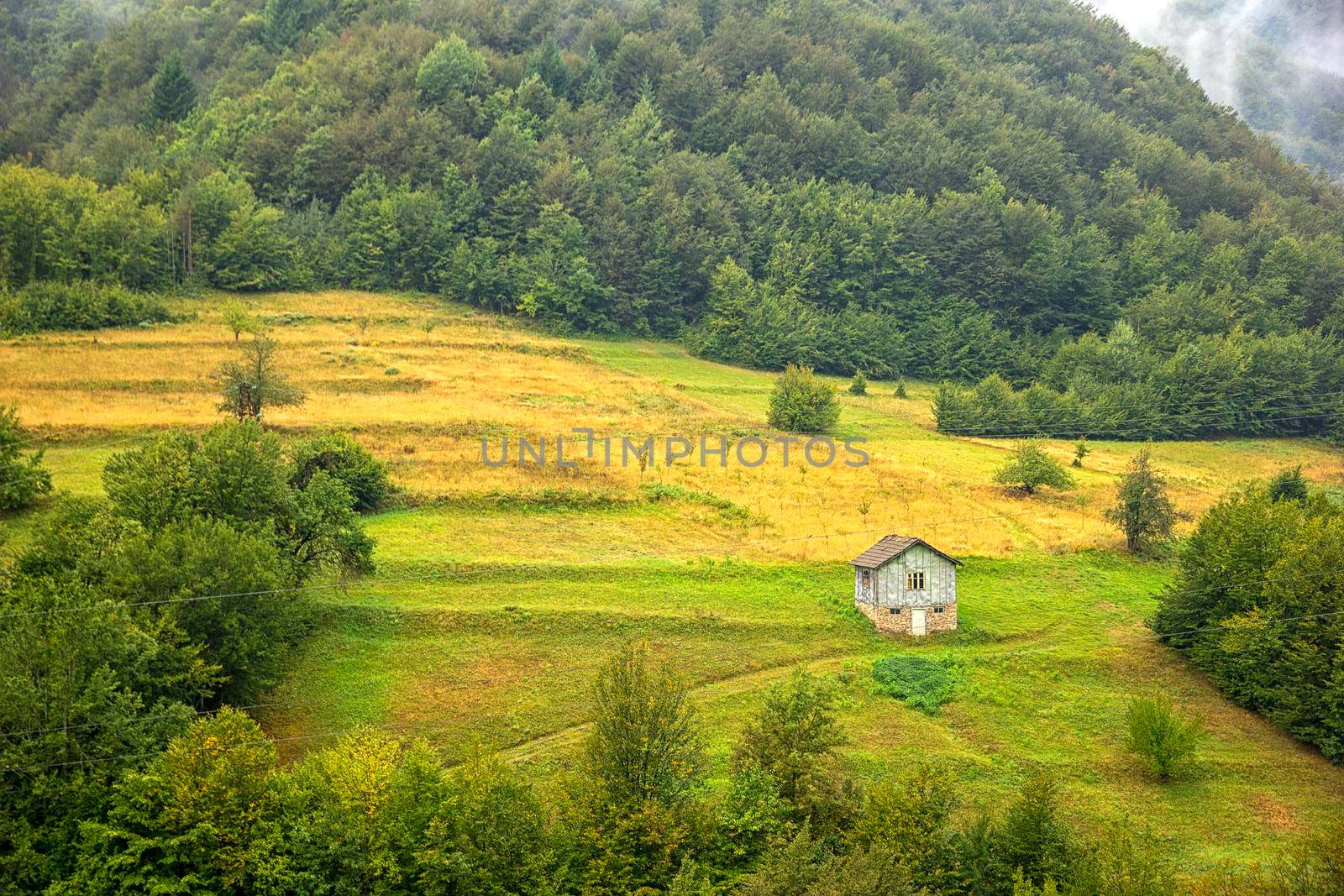 Alone old wooden house on a hill in a mountain. Idyllic view by EdVal