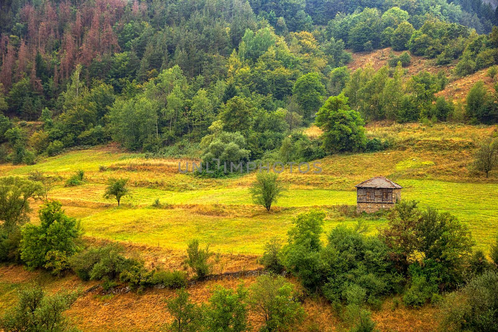 Alone old wooden house on a hill in a mountain.