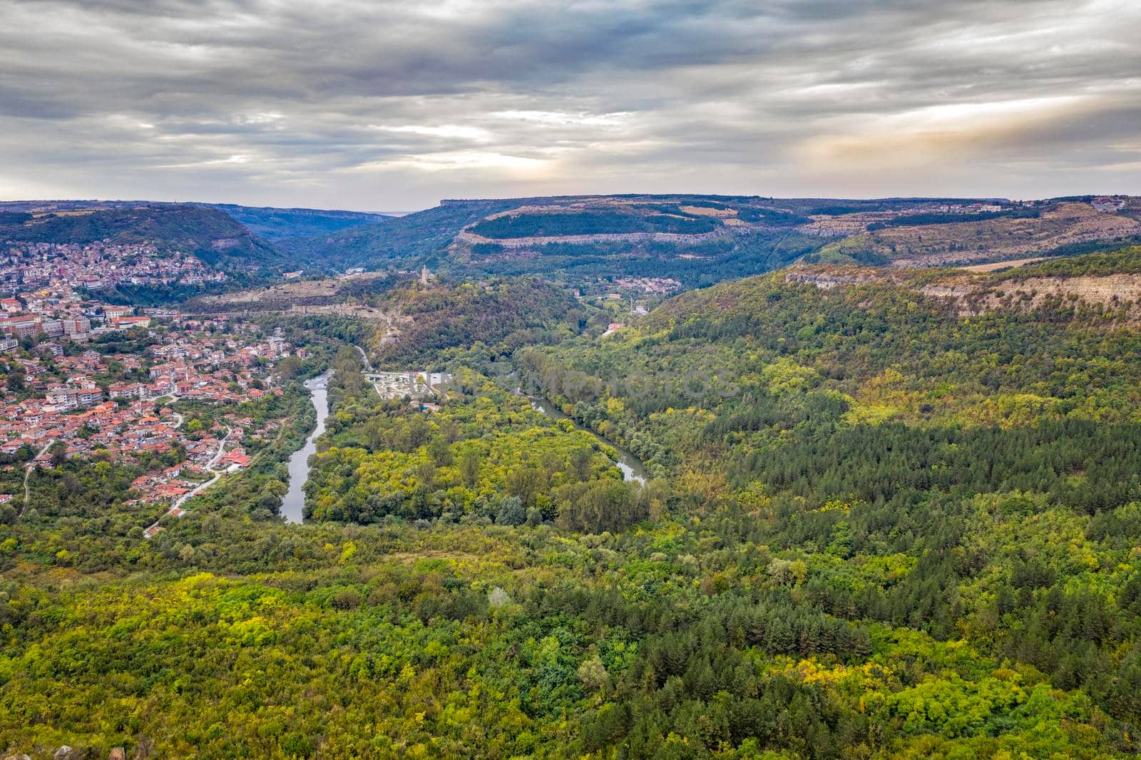 Scenic aerial view from drone of the big curve of the river near city, Yantra and Veliko Tarnovo, Bulgaria by EdVal