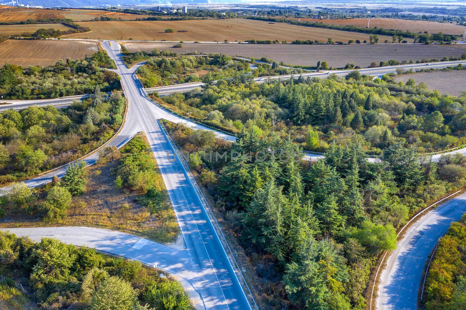 Aerial view from drone of a part of a road junction. Transportation and infrastructure concept