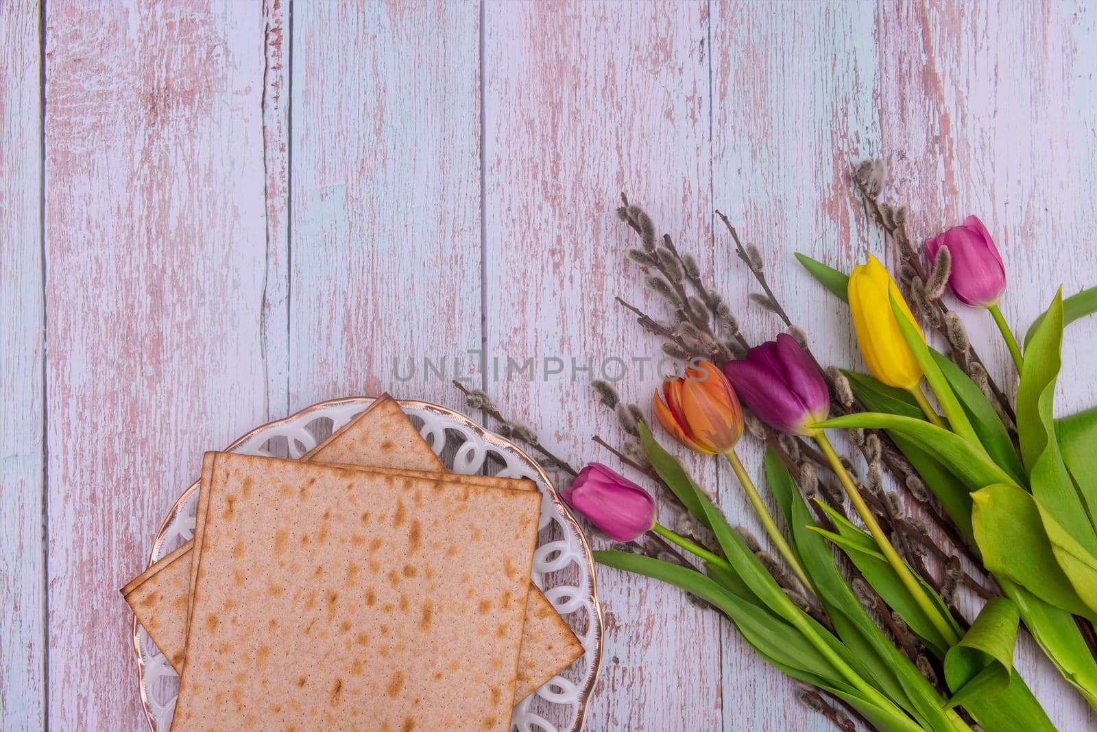 Traditional Pesach celebration Jewish holiday of kosher matzah unleavened bread for the ceremony ritual blessings on Passover