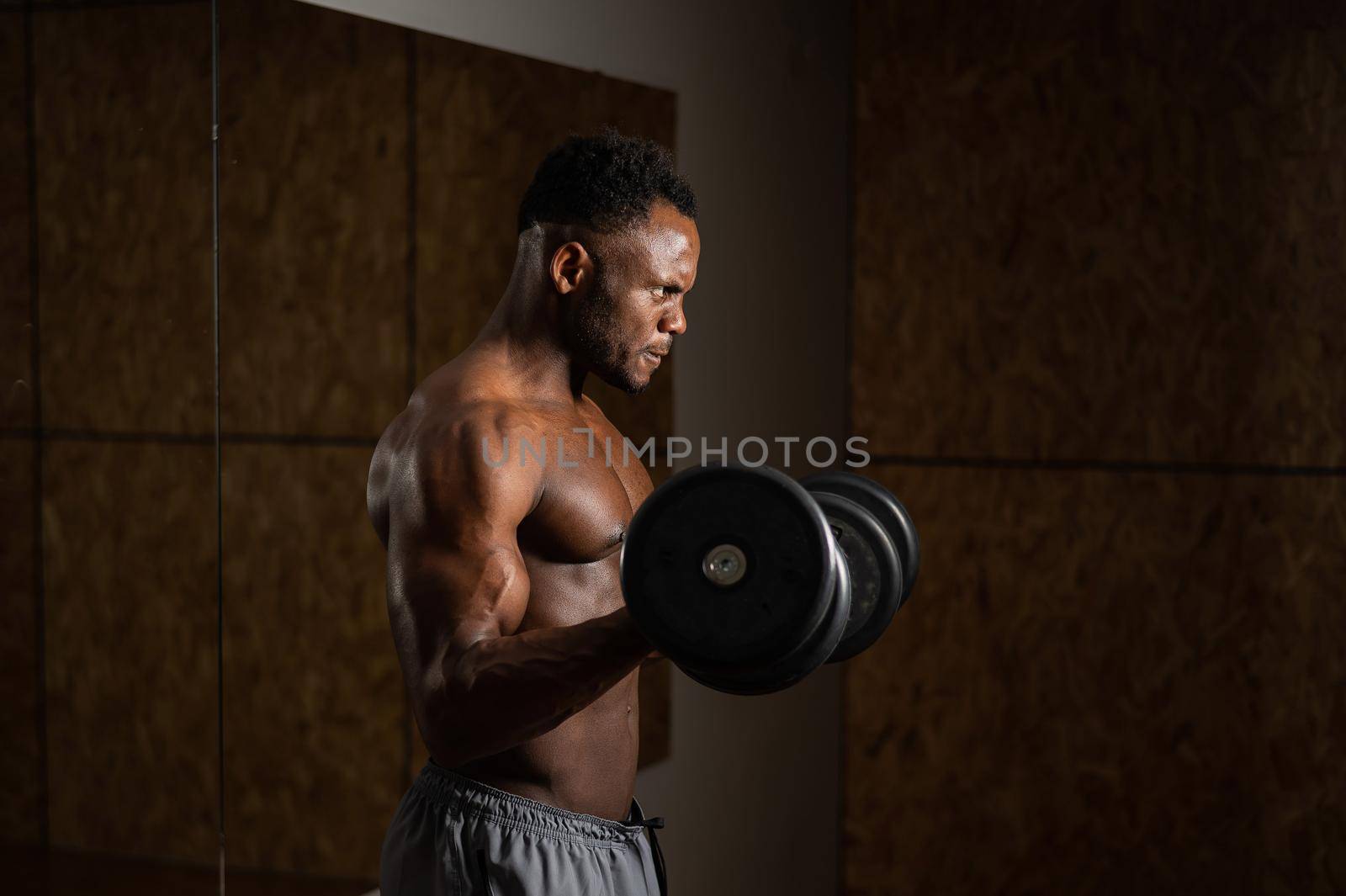 Muscular dark-skinned man doing an exercise with dumbbells