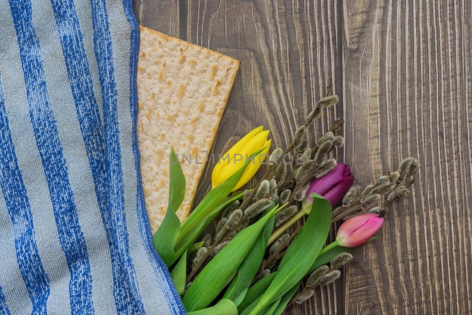 Blessings Pesach the ceremony ritual Jewish traditional holiday on Passover celebration of flowers and matzah bread